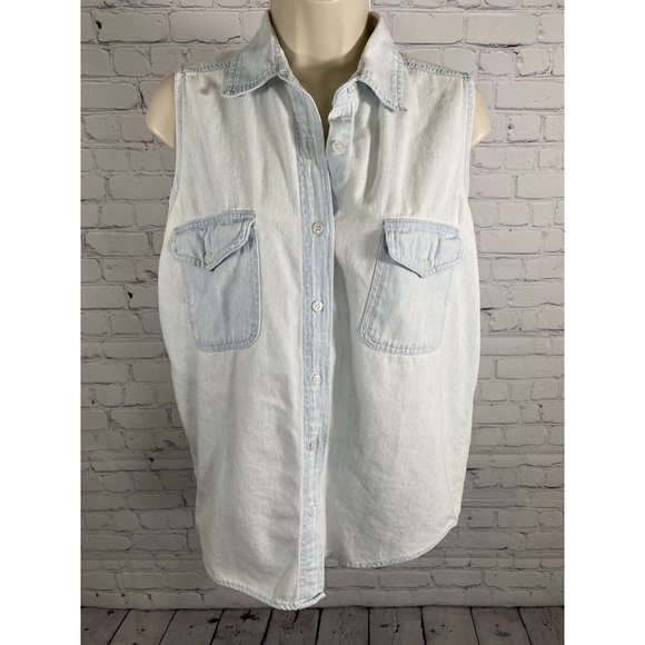 Andrew’s Blues Sleeveless Light Wash Denim Blue Jean Collared Button Up Blouse S - Picture 1 of 9